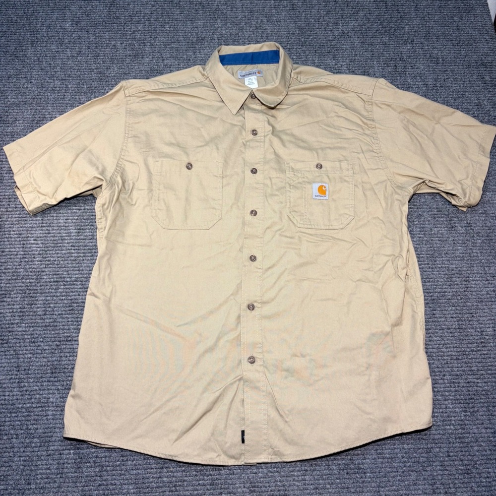 Carhartt Mens XL Tan Short Sleeve Button Up Work Shirt Canvas 384-62 Pocket Logo